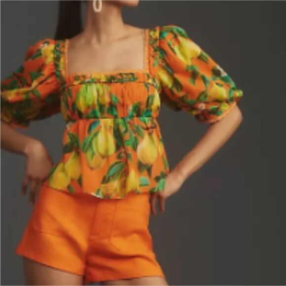 NWT Farm Rio Orange Chic Pears Short Sleeve Blouse Size Medium $148 - Picture 4 of 12